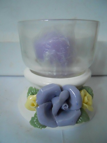 VOTIVKERZENHALTER Keramik weiß LILA Rose Blume 3"  - Bild 1 von 3