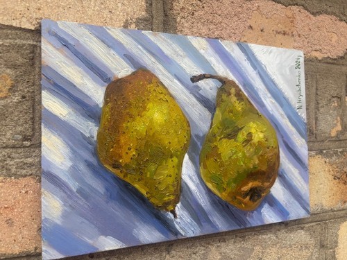Original Oil Painting Fruit Two Pears, still life, Art Food 7X10 inch - Picture 10 of 11