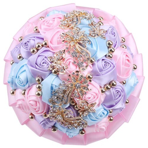 Hot Bride Bouquets Rhinestones Gold Pearl Ribbon Rose Bouquet Wedding Supplies - Picture 39 of 40