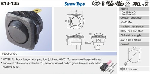2pc On-Off Rocker Switch 2P R13-135L LED Green Lamp 16/10A 125/250VAC UL VDE SCI - Picture 7 of 8