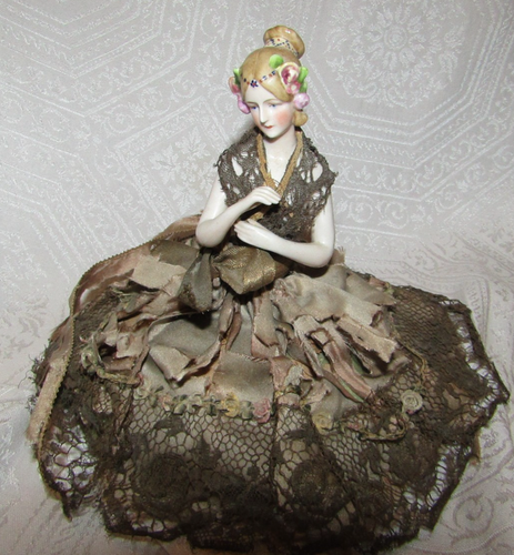 Antique German Porcelain Half Doll Pin Cushion Figurine w/ Lace Fabric Dress