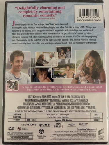 The Back-Up Plan DVD, 2010 New Sealed Widescreen Jennifer Lopez - Imagen 2 de 2