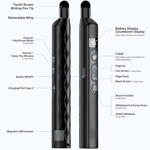 Wireless Presentation Clicker w/ Telescopic Pointer Rechargeable Remote USB - Zdjęcie 2 z 9