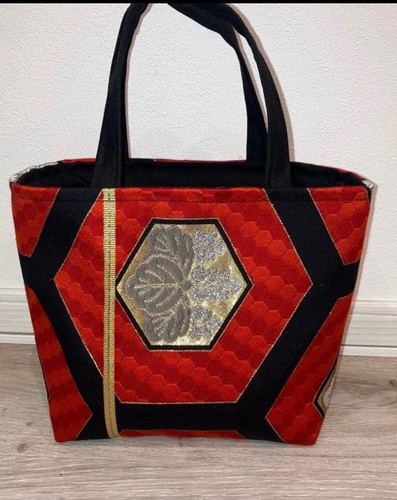 Handgefertigte Seide Fukuro Obi Beuteltasche Japan rot gold Blumen Mon Unikat Geschenk - Bild 2 von 5