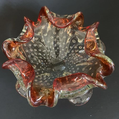 Vintage Hand Blown Murano Controlled Bubble Art Glass Ashtray Bowl Ruffled