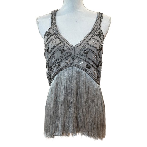 Shyanne Neckholder-Tanktop mit Perlen Fransen grau silber Damen M - Bild 5 von 12