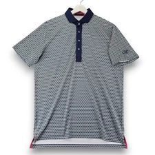 GREYSON Men's Medium Geometric Print Polo Shirt Navy Blue White DC Golf Logo