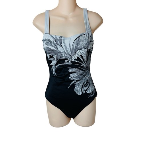 Gottex Vintage Black White Floral Wide Shoulder Strap One Piece Swimsuit 10