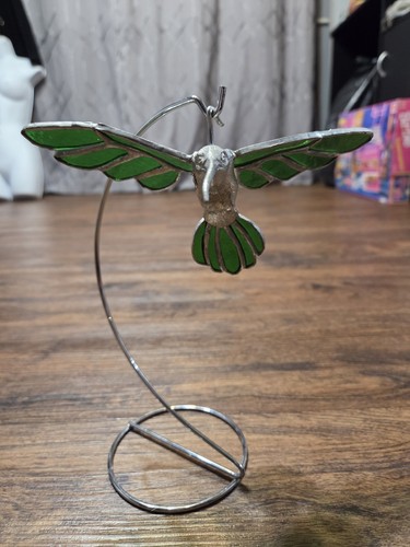 Vintage Leaded Green Glass Hummingbird With Stand