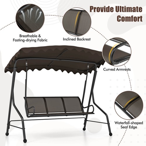 3-Seat Outdoor Swing, Porch Canopy Swing w/ Adjustable Shading Breathable Seat - Picture 9 of 10