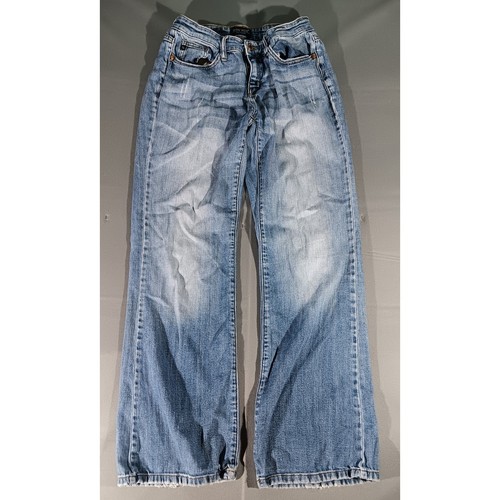 Judy blaue Bootcut-Jeans Größe 7/28 Used-Saum mittlere Waschung Y2K Denim
