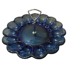 VTG Indiana Glass Tiara COBALT BLUE 11" Hobnail Deviled 15 Egg Platter W/Handle