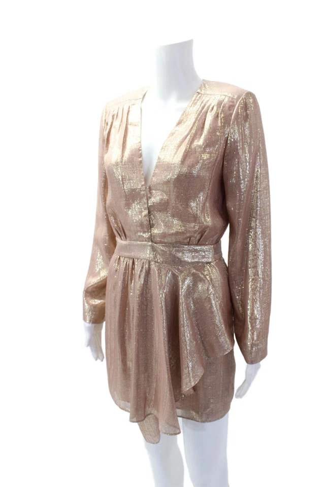 Ramy Brook Womens Metallic Silk Long Sleeve V-Neck Mini Dress Pink Size 4 - Image 2 of 4