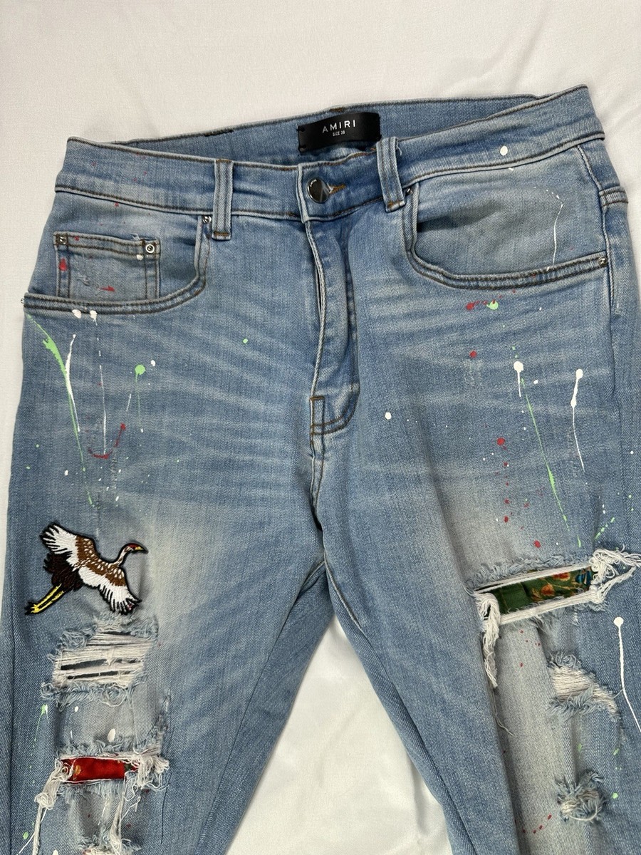AMIRI Light Blue Slim Fit Denim Jeans Embroidered Bird Patch Paint