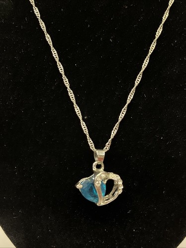 VINTAGE Sterling Silver Necklace, Heart Diamante BLue Stone Plated Pendant - Bild 1 von 10
