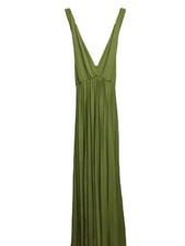 ASOS Plunge Halter Cross Back Tie Pleated Maxi Dress Olive Green Stretchy Sz 10