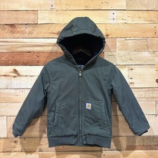 Kids Small 7/8 Carhartt Hooded Green Duck Jacket Youth Canvas Quilted Lined