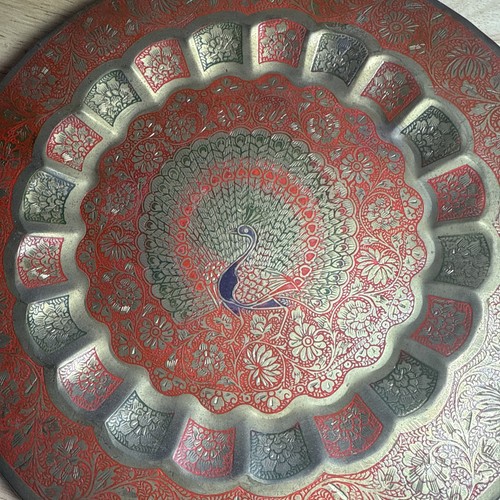 Decorative Plate Enameled Engraved Metal Peacock Floral Design 9.75" Brass India - Picture 4 of 8