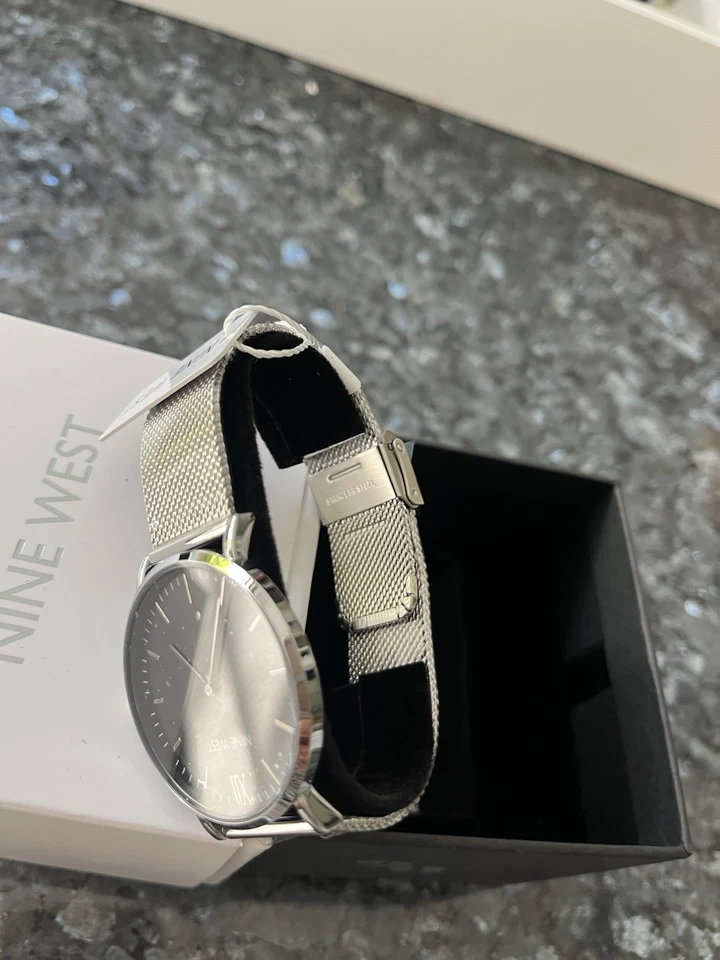 Unisex Nine West Asher Watch New Stainless Mesh Band Black Face Men & Women - Image 3 of 4