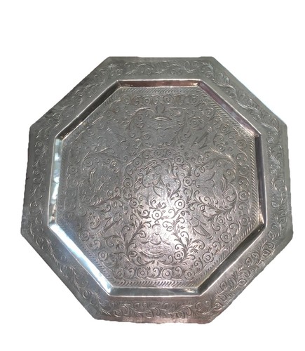 🪩 VINTAGE Silver-Plated - Persian- Engraved Octagonal Tray / Wall Hanging– 36cm - Picture 7 of 15