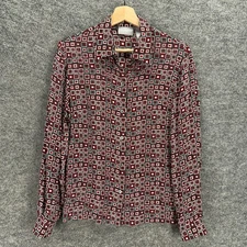Liz Claiborne Shirt Women 12 Red Geometric Button Up Collared Silk Long Sleeve