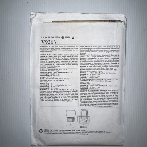 Vogue 9263 V9263 Kathryn Brenne Bag Handbag Sewing Pattern 1 Size Contrast Quilt - Picture 2 of 7