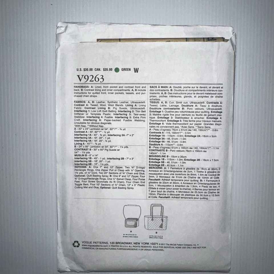 Vogue 9263 V9263 Kathryn Brenne Bag Handbag Sewing Pattern 1 Size Contrast Quilt - Image 2 of 4
