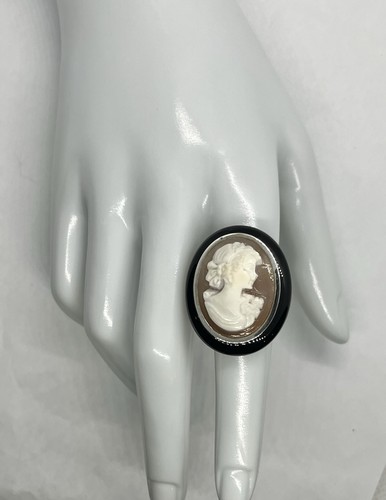 Anello in Argento 925 con Cammeo Corniola 25mm e Onice Nera 32x27mm Fatto A Mano - Imagen 10 de 10