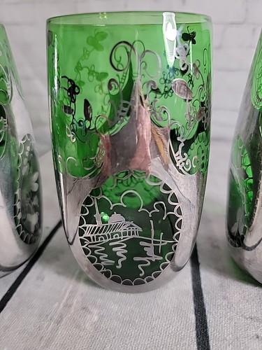 ANTIQUE Sterling Silver Overlay Pinched Art Glass Water Pitcher Set - Picture 11 of 15