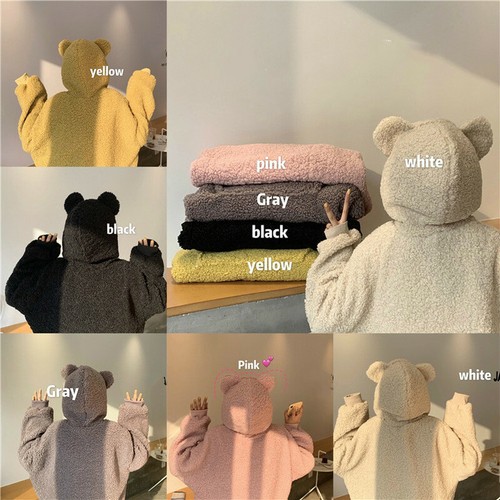 Lady Hooded Jumper Sweatshirt Pullover Top Fluffy Fleece Fur Plush Bear Ear Cute - Picture 4 of 17