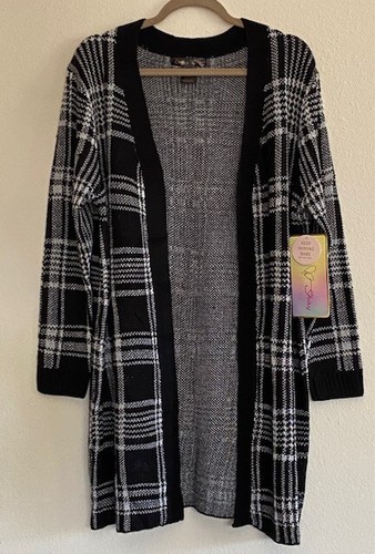 XL/1X/2X/3X New Black White Plaid Long Cardigan Sweater Coat Duster Knit - Picture 1 of 13