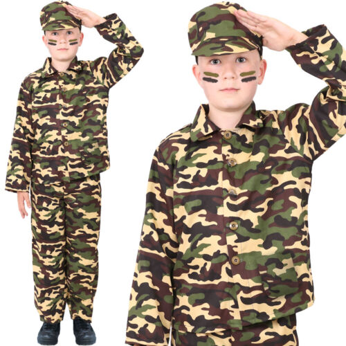 CHILDS ARMY BOY COSTUME SOLDIER MILITARY CAMOUFLAGE ARMY UNIFORM FANCY DRESS - Picture 1 of 2