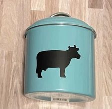 Food Network Enamel Farmhouse Crock With Lid - Turquoise With Black Cow