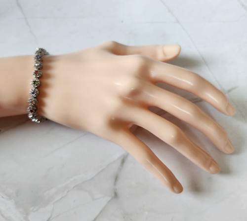 Cubic Zirconia Flower Chain Colored Rhinestone Crystals Silvertone Bracelets - Picture 5 of 14