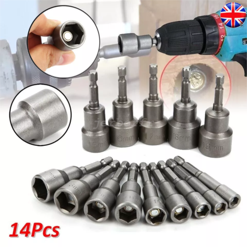 14pcs 1/4" Nut Driver Bit Set Hex Magnetic Metric Socket Impact Drill - Picture 3 of 14