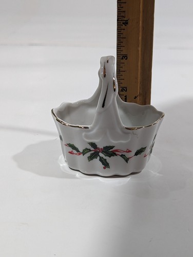 Lefton China Miniature Holiday Basket & Pedestal 03862 03059 Christmas Holly - Picture 16 of 16
