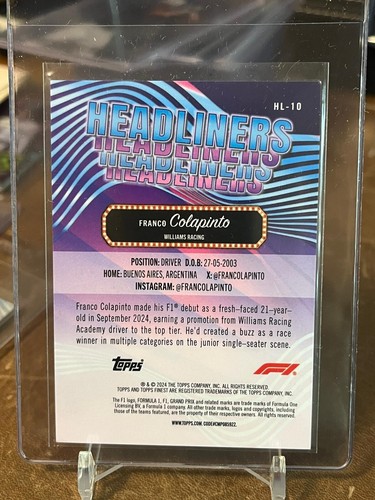 2024 Topps Finest F1 Franco Colapinto tablero de ajedrez refractor techo radiocontrol raro - Imagen 2 de 2