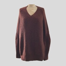 All Saints Brown Wool Chunky Knit V Neck Neutral Winter Pullover Sweater L