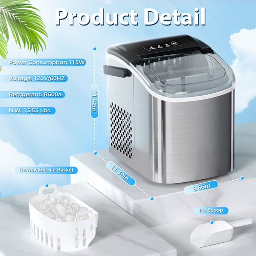 Encimera para hacer hielo de acero inoxidable R.W.FLAME, hielo bala, 26,5 lb/24 H, 9 piezas - Imagen 7 de 8