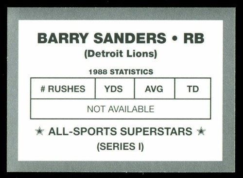 All-Sports Superstars Series I 1990 Barry Sanders Detroit Lions Hof - Imagen 2 de 2