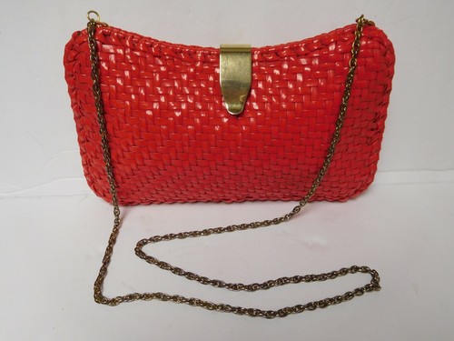 Vintage Walborg Red Plastic Basket Weave Clutch Pu
