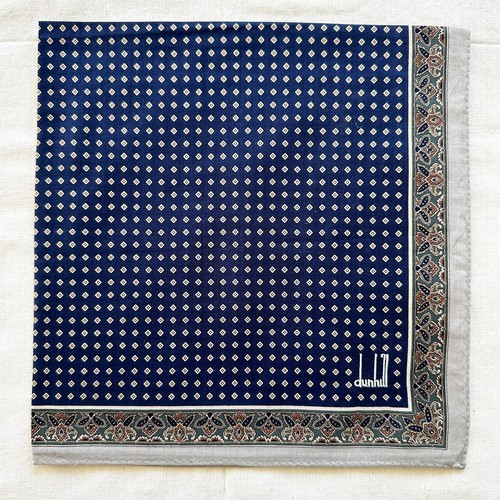 Dunhill Handkerchief Vtg Blue Cotton Diamond Dot Border Paisley Pocket Square 18 - Picture 2 of 4