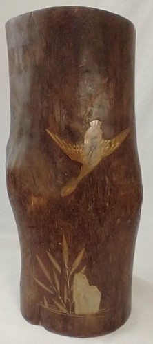  Antiker japanischer Holz Metall Vogel Intarsien Bürstentopf mit Kupfereinsatz 11,75" LESEN - Bild 1 von 20