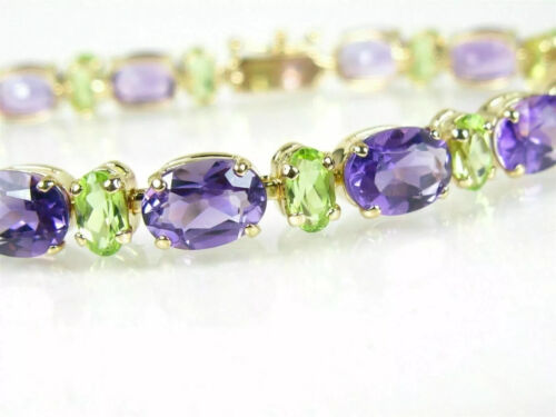 12 Ct Oval Cut Amethyst Peridot 14K Yellow Gold Plated Women's Tennis Bracelet - Picture 2 of 6