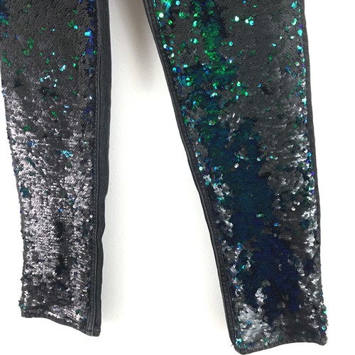 H&M Black High Rise Ankle Jeans Green Ombré Sequin Size 6 - Picture 5 of 14