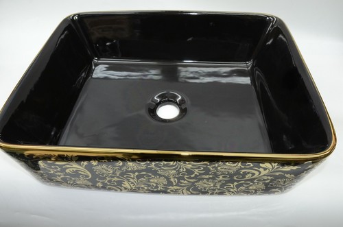 Schwarz Gold Blumen Badezimmer Garderobe Keramik Arbeitsplatte Waschbecken Waschbecken Schale - Bild 13 von 22