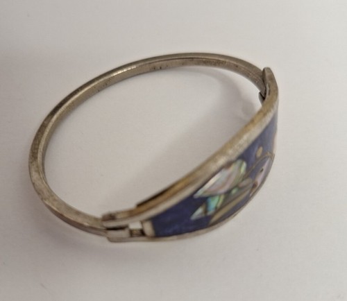 Vintage Mexico Alpaca Silver Tone Abalone Shell Flower Bangle Kids's Bracelet - Picture 4 of 11