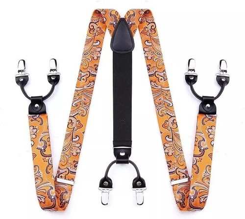 Hisdern Bow Tie Suspenders Pocket Square Set Adjustable Men Floral Paisley NIP - Picture 5 of 6