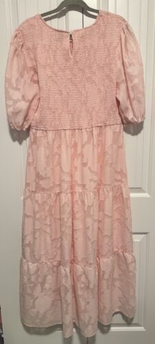 Puffärmel gesmoktes Blumen Kleid Rundhals Spitze fließend Stufen Midikleid 2XL ROSA - Bild 6 von 6