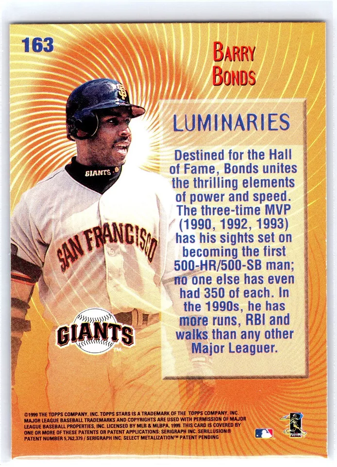 BARRY BONDS 1999 Topps Stars LUMINARIES San Francisco Giants Baseball Card #163 - Image 2 of 2
